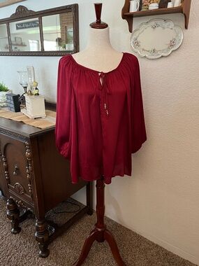 Relaxed Burgundy Peasant Blouse with Tie Neck